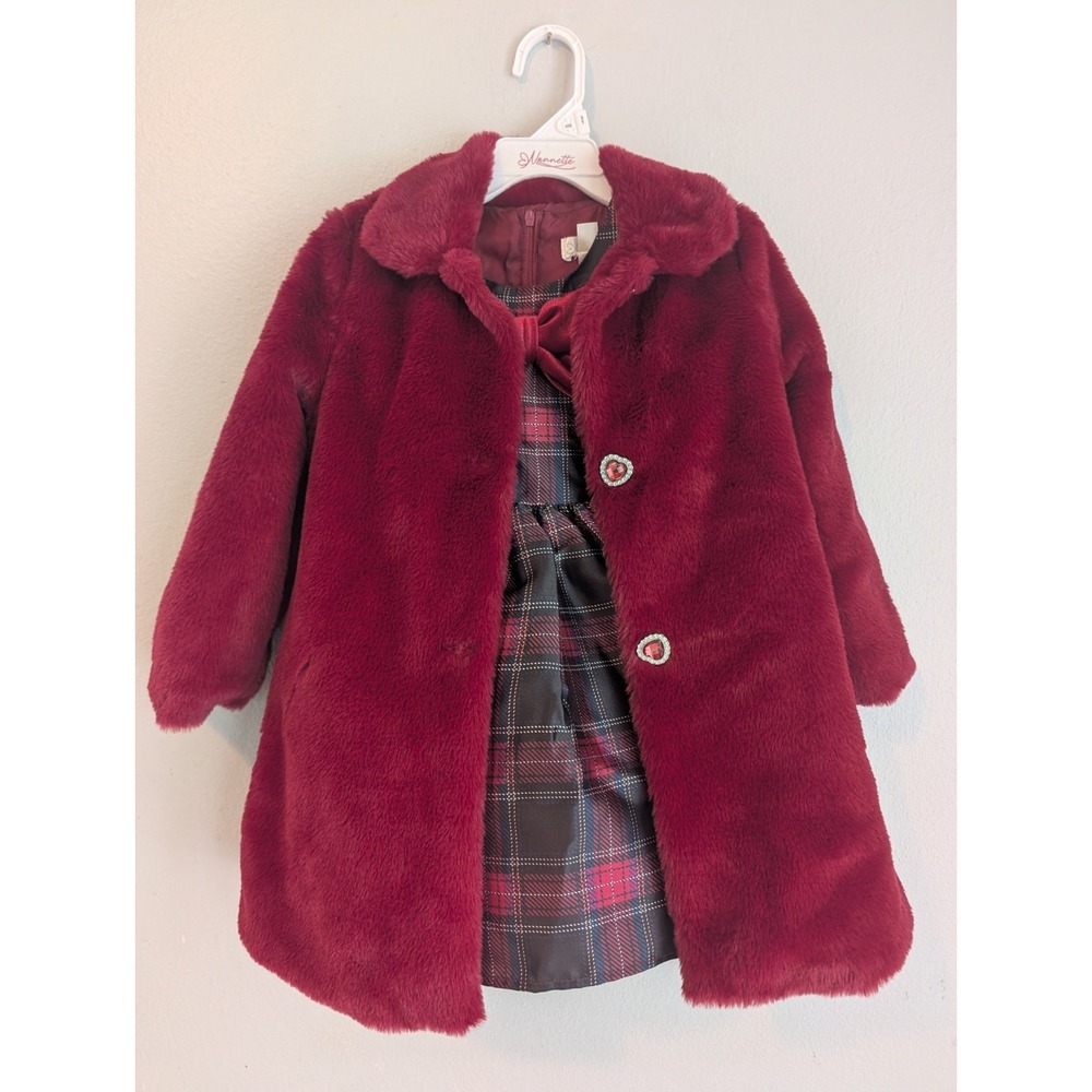 Nanette Lepore Girls 3T Burgundy Faux Fur Coat Plaid Taffeta Bow Dress Set NEW